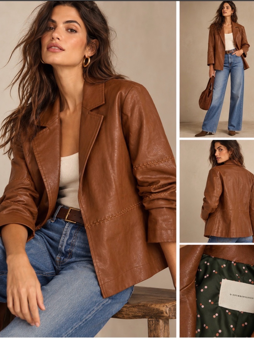 Anthropologie Brown Faux Leather Whipstitch Blazer Jacket Boho M